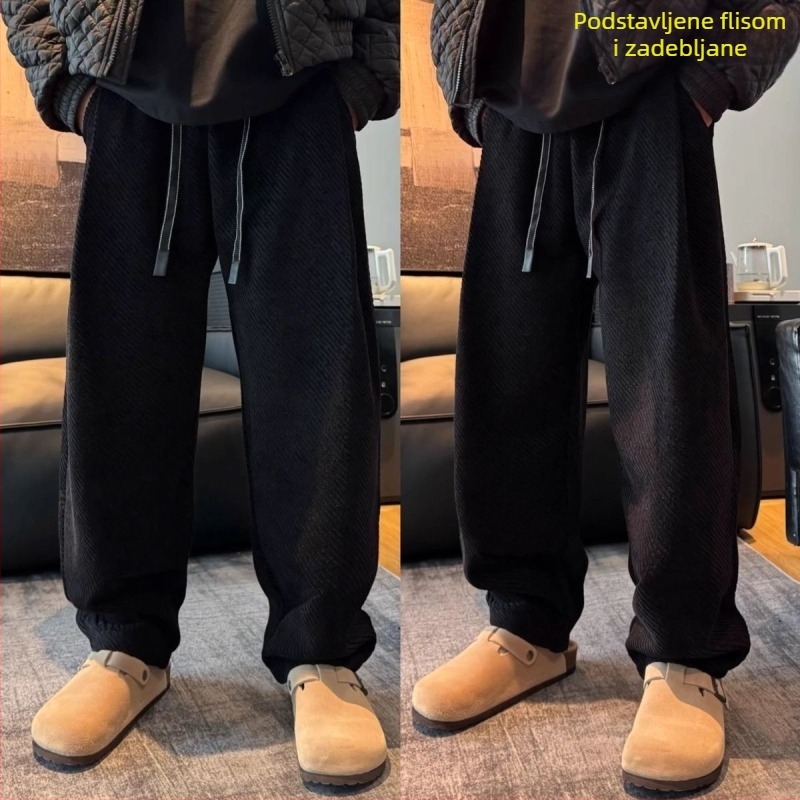 Muške casual hlače s fleecem iznutra, debeli twill, ravni kroj, visok struk, mikroelastičnost