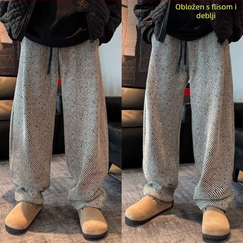 Muške casual hlače s fleecem iznutra, debeli twill, ravni kroj, visok struk, mikroelastičnost