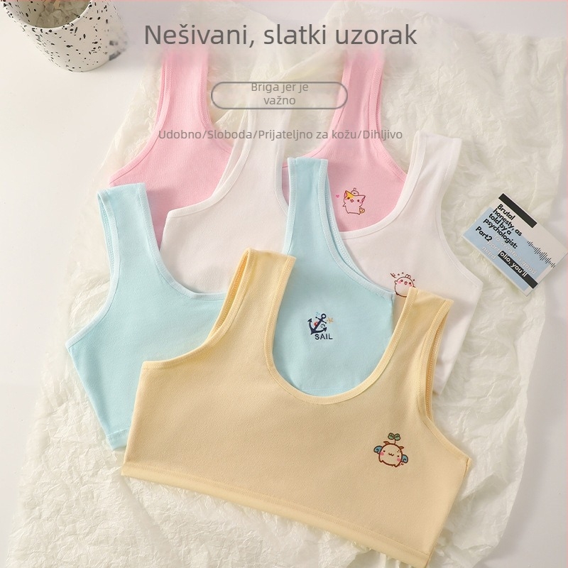 Dječja pamučna vesta, dvostruki sloj, bez oblikovane šalice, podstava 90–95% pamuka, fiksne dvostruke naramenice