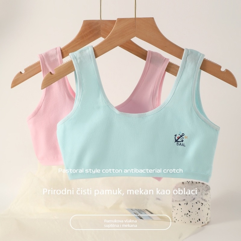 Dječja pamučna vesta, dvostruki sloj, bez oblikovane šalice, podstava 90–95% pamuka, fiksne dvostruke naramenice