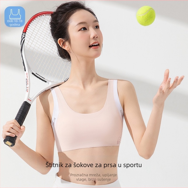 Ženski sportski grudnjak u stilu veste, pune oblikovane najlonske košarice, prozračno leđa, fiksirane dvostruke naramenice, podstava od najlona 70–80%, uzrast 12–15 godina