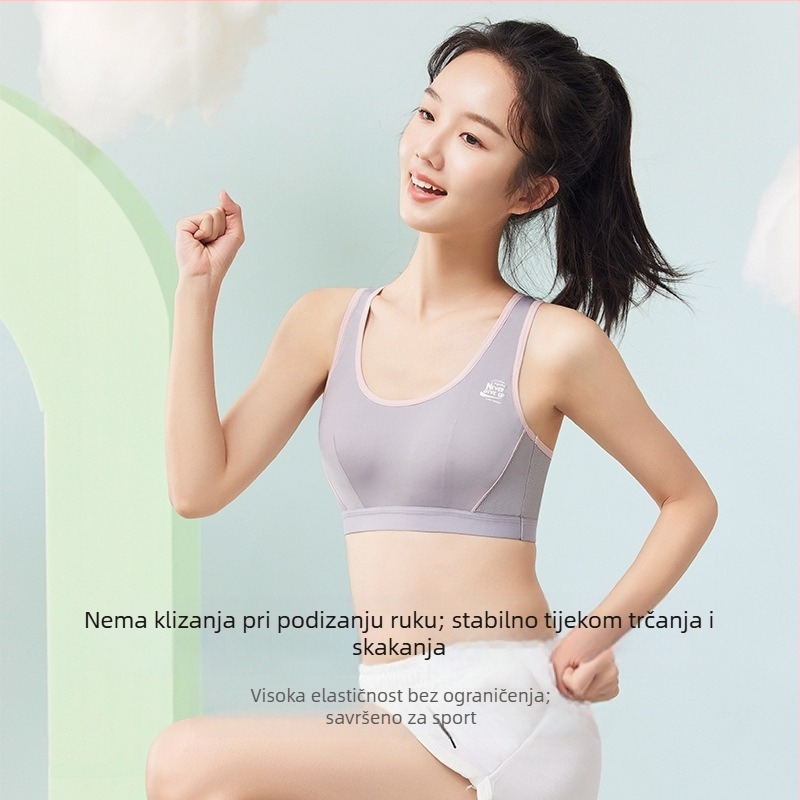 Sportska potpora za trčanje u stilu veste za dob 12–15 godina; glavni materijal 87% poliester, 13% elastan; podstava 100% pamuk; tanke oblikovane košarice; naramenice fiksne, dvostruke