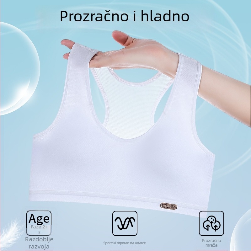 Djevojački pamučni grudnjak u tank-top dizajnu s tankim oblikovanim košaricama, potpuno pokrivanje, bežični, fiksne dvostruke naramenice, za uzrast 12–15