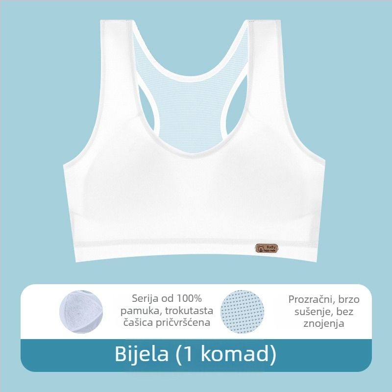 Djevojački pamučni grudnjak u tank-top dizajnu s tankim oblikovanim košaricama, potpuno pokrivanje, bežični, fiksne dvostruke naramenice, za uzrast 12–15