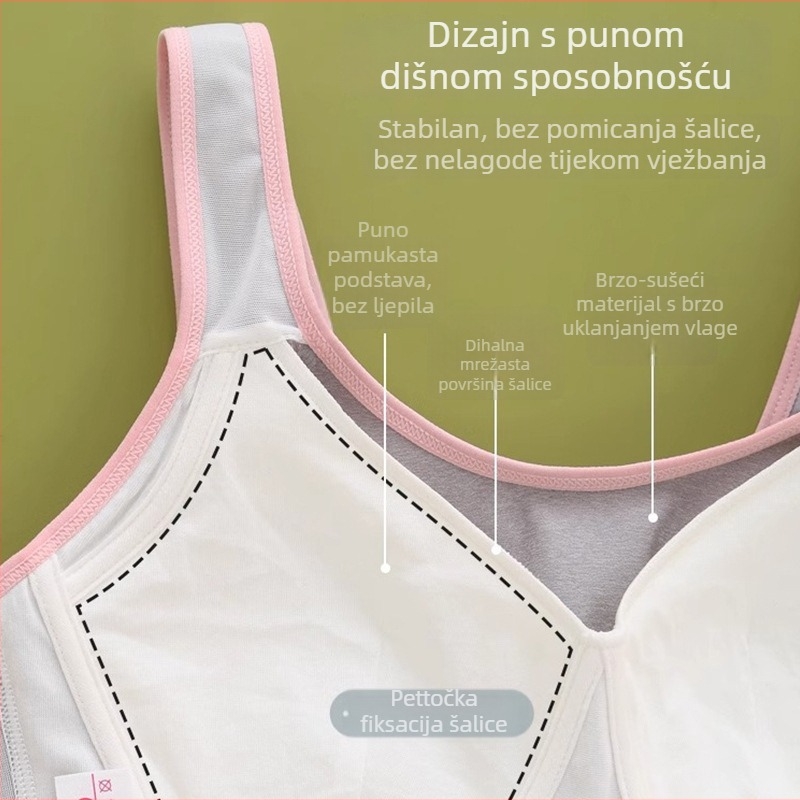 Ženski dječji sportski grudnjak-vest – najlon tkanina, puni košarica, tanak oblikovan grudnjak, podstava od najlona, fiksirane dvostruke naramenice, prozračan i upija znoj