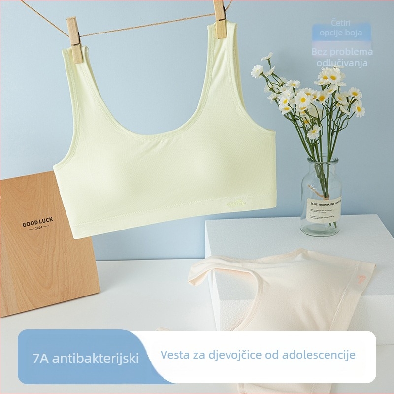 Dječji sportski grudnjak u stilu veste s punim latexnim šalicama, viskozni materijal, podstava 90–95% viskoze, fiksne dvostruke naramenice