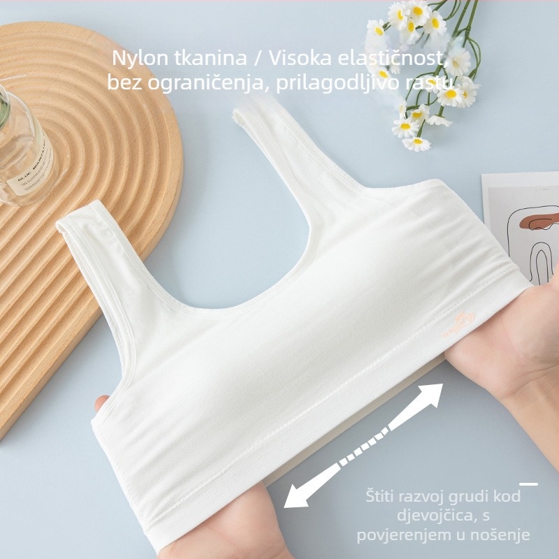 Dječji sportski grudnjak u stilu veste s punim latexnim šalicama, viskozni materijal, podstava 90–95% viskoze, fiksne dvostruke naramenice