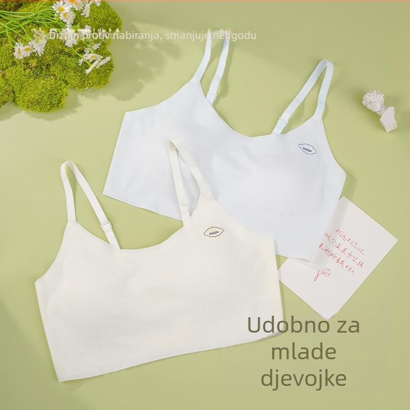 Sportski grudnjak u stilu veste za tinejdžerice — prozračan najlon, pune čašice s tankim oblikom, fiksirane dvostruke naramenice, upijanje znoja i udobnost