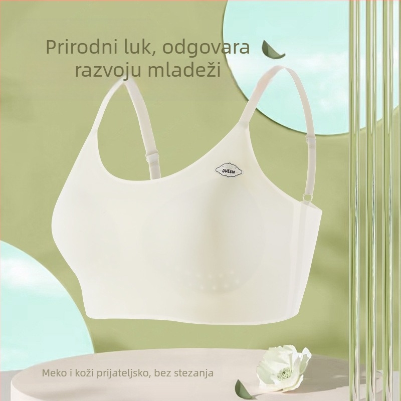 Sportski grudnjak u stilu veste za tinejdžerice — prozračan najlon, pune čašice s tankim oblikom, fiksirane dvostruke naramenice, upijanje znoja i udobnost