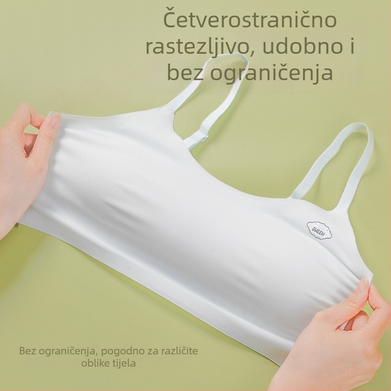 Sportski grudnjak u stilu veste za tinejdžerice — prozračan najlon, pune čašice s tankim oblikom, fiksirane dvostruke naramenice, upijanje znoja i udobnost