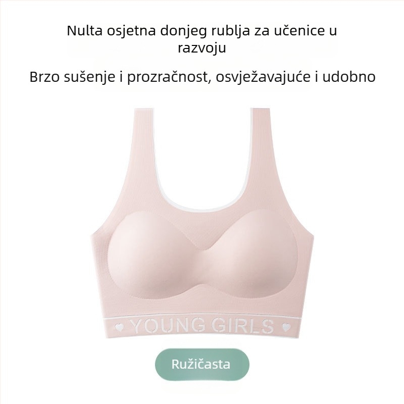 Bešavni sportski grudnjak za tinejdžerice, s 3/4 košarom, pjenasti ulošci, prozračna najlon tkanina, fiksne dvostruke naramenice