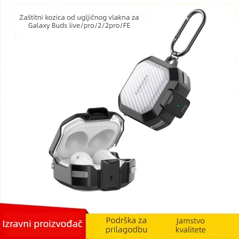 Zaštitno kućište za Samsung Buds Core, Buds Live, Buds Pro, Buds 2 Pro i Buds 2 — prozirni uzorak karbonskih vlakana, PC/TPU materijal, reljefna tekstura, ubrizgavanje, završna obrada sprejem