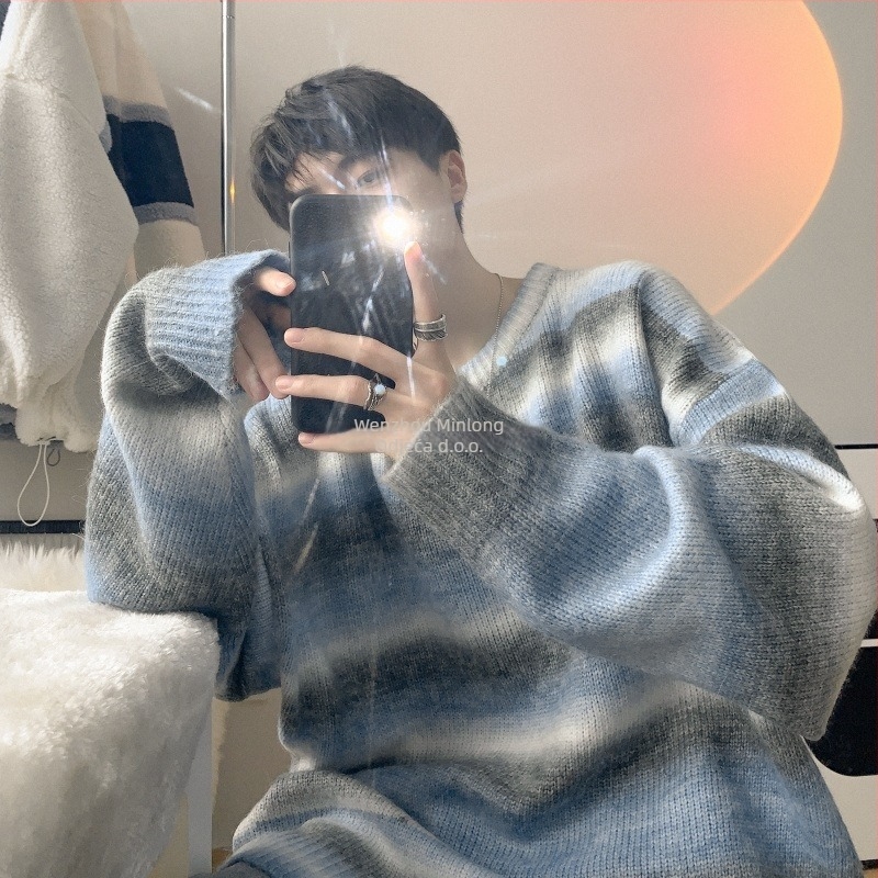 Muški pleteni džemper s gradientnim prugama i kapuljačom, široki kroj, korejski stil, zima