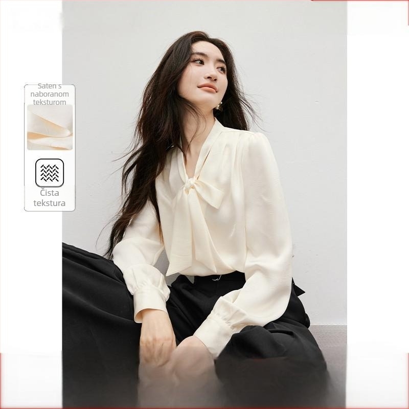 Chiffon bluza s V ovratnikom, puffos rukavi, dugi rukavi, jednobojna, opušten kroj (pamuk-elastin)
