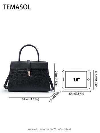 Torba za ramena velike kapacitete, PU koža s krokodilskim uzorkom, jednofarebna, metalna kopča, horizontalni kvadratni oblik, zatvarač, laminirani unutarnji džep, jedna naramenica