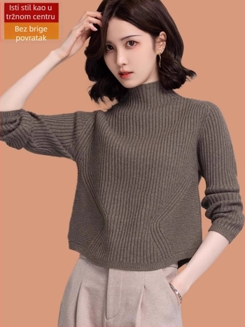 Ženski pulover od ovčje vune sa spandeksom, pleteni, slobodan kroj, dugi rukavi, poluvisoki ovratnik