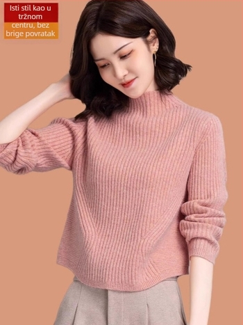 Ženski pulover od ovčje vune sa spandeksom, pleteni, slobodan kroj, dugi rukavi, poluvisoki ovratnik