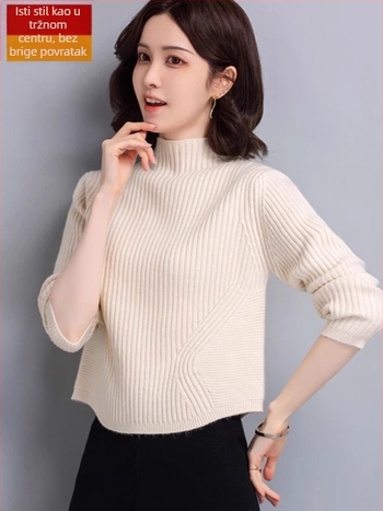 Ženski pulover od ovčje vune sa spandeksom, pleteni, slobodan kroj, dugi rukavi, poluvisoki ovratnik