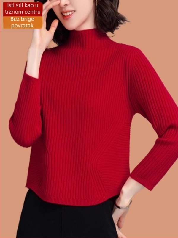 Ženski pulover od ovčje vune sa spandeksom, pleteni, slobodan kroj, dugi rukavi, poluvisoki ovratnik