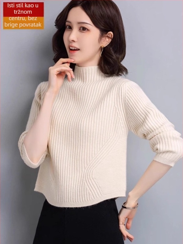 Ženski pulover od ovčje vune sa spandeksom, pleteni, slobodan kroj, dugi rukavi, poluvisoki ovratnik