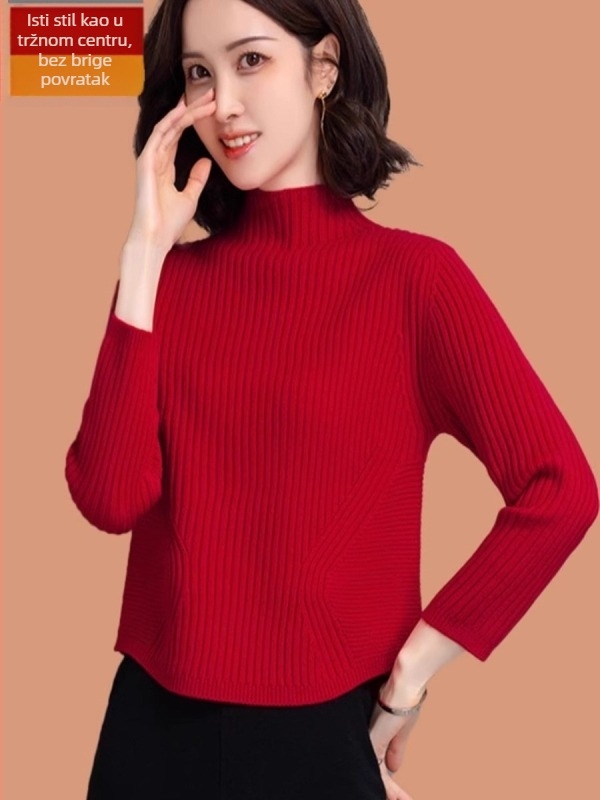 Ženski pulover od ovčje vune sa spandeksom, pleteni, slobodan kroj, dugi rukavi, poluvisoki ovratnik