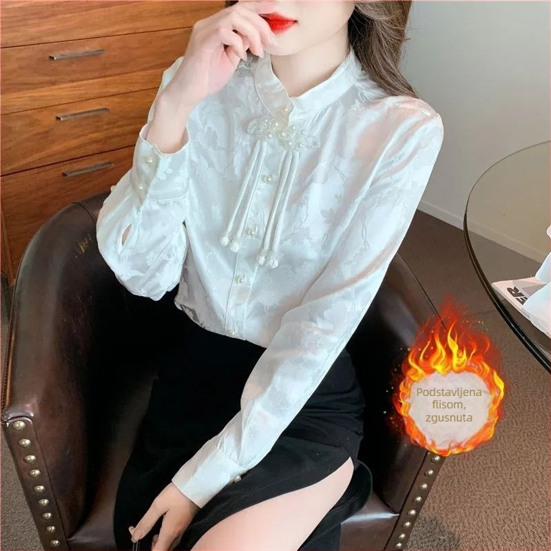 Šifon košulja u kineskom stilu, stojeći ovratnik, plakata s jednim redom kopči i sprava