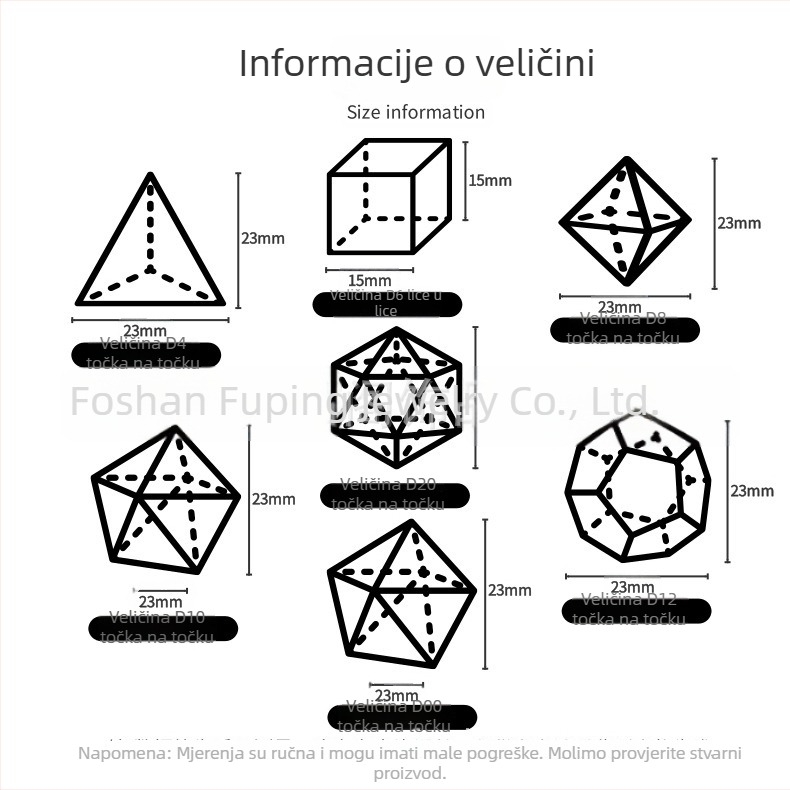 Poliedarne kocke s graviranim brojevima - sintetički kristal, 7 komada, moguć personalizirano graviranje