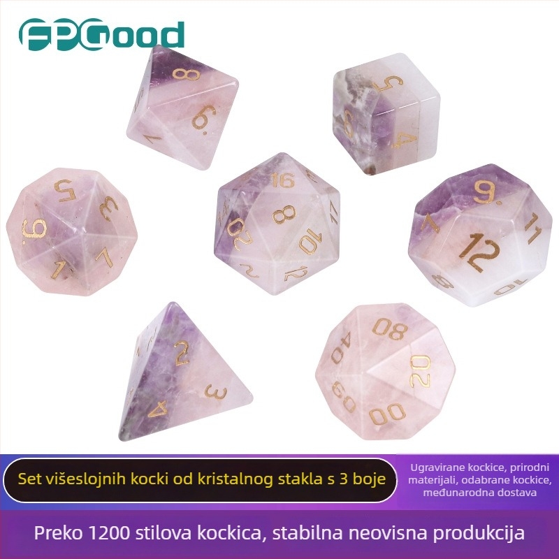 Set poliedarskih kristalnih kockica od prirodnog kristala, sedam kockica, dvadesetostrani, prilagodljiv