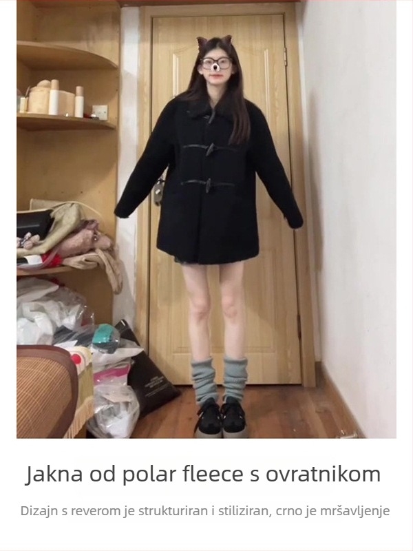 Ženski kaput od poliestera s podstavom od ovčje kože, srednje duljine, široka silueta