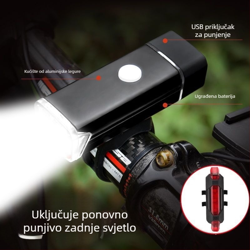 Prednja svjetiljka za bicikl od aluminijske legure, punjiva, jaka svjetlost za planinski bicikl i noćnu vožnju