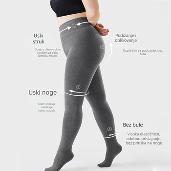 Plus veličine ženske termalne legginice, proljeće–jesen, debele i tople, visoka elastičnost, 50–70% poliester, 30–50% pamuk