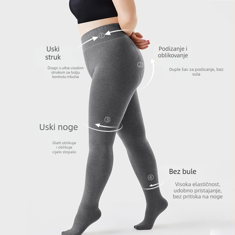 Plus veličine ženske termalne legginice, proljeće–jesen, debele i tople, visoka elastičnost, 50–70% poliester, 30–50% pamuk