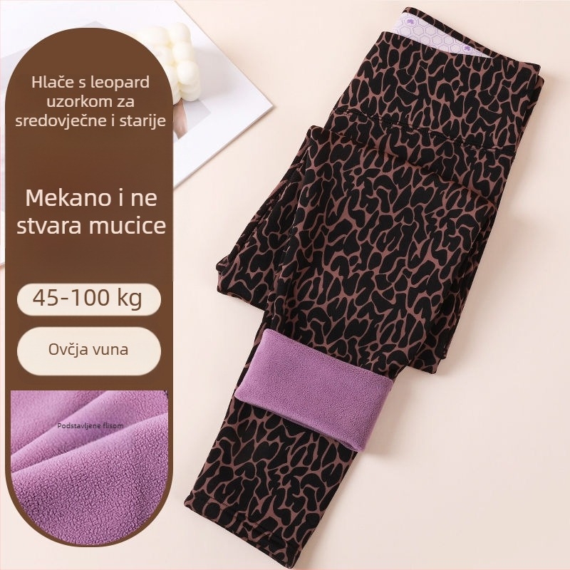 Ženski legging leopard uzorak, fleece unutrašnjost, toplo, visok struk, glatka površina, elastan, plus veličina