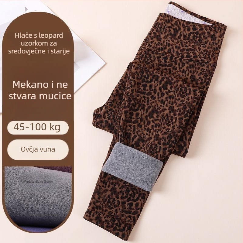 Ženski legging leopard uzorak, fleece unutrašnjost, toplo, visok struk, glatka površina, elastan, plus veličina