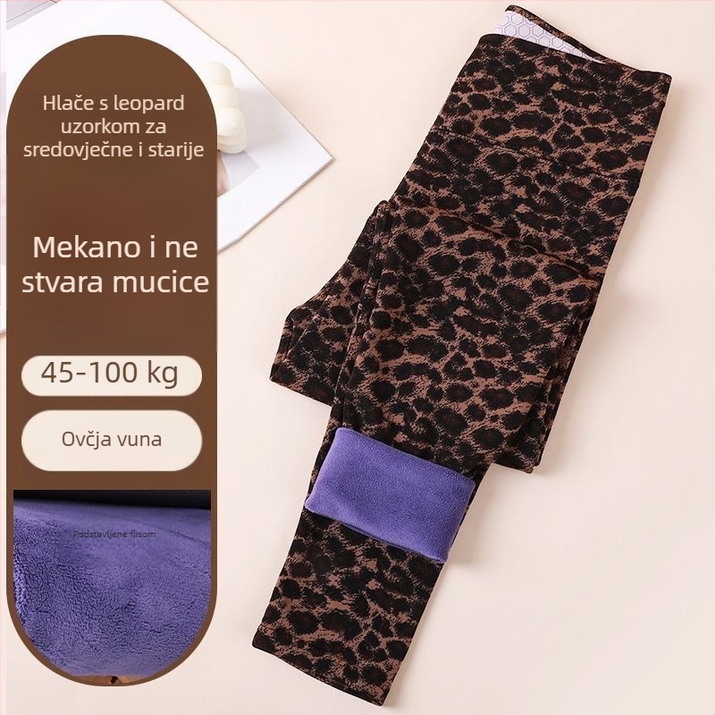 Ženski legging leopard uzorak, fleece unutrašnjost, toplo, visok struk, glatka površina, elastan, plus veličina