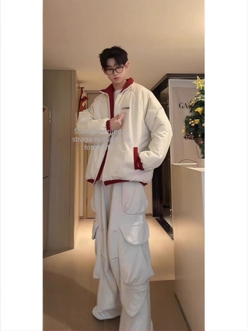 Muška dvostrano puffer jakna, koreanskog stila kardigan sa zatvaračem, uže u struku, zimska jakna s bočnim džepovima