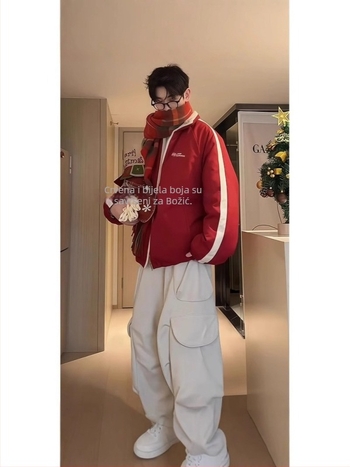 Muška dvostrano puffer jakna, koreanskog stila kardigan sa zatvaračem, uže u struku, zimska jakna s bočnim džepovima