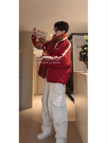 Muška dvostrano puffer jakna, koreanskog stila kardigan sa zatvaračem, uže u struku, zimska jakna s bočnim džepovima