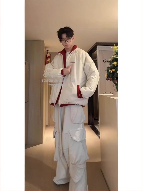 Muška dvostrano puffer jakna, koreanskog stila kardigan sa zatvaračem, uže u struku, zimska jakna s bočnim džepovima