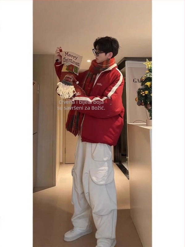 Muška dvostrano puffer jakna, koreanskog stila kardigan sa zatvaračem, uže u struku, zimska jakna s bočnim džepovima