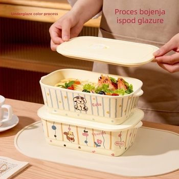 Keramička kutija za ručak s tri pretinca – pravokutnog oblika, izolirana, kompatibilna s mikrovalnom pećnicom, kapacitet ispod 300 ml