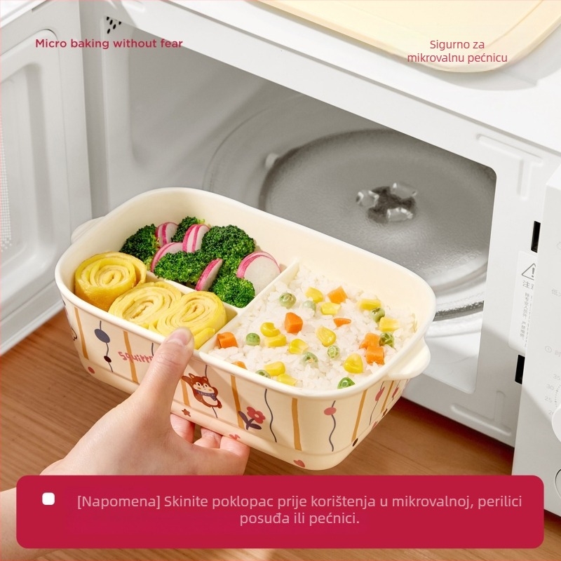 Keramička kutija za ručak s tri pretinca – pravokutnog oblika, izolirana, kompatibilna s mikrovalnom pećnicom, kapacitet ispod 300 ml