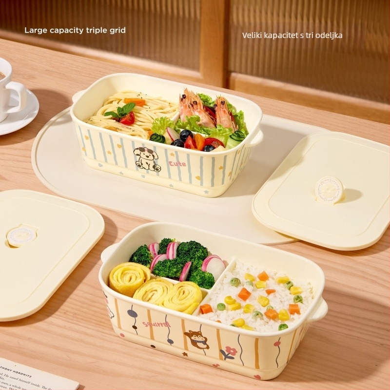 Keramička kutija za ručak s tri pretinca – pravokutnog oblika, izolirana, kompatibilna s mikrovalnom pećnicom, kapacitet ispod 300 ml