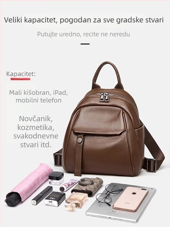 Ženski ruksak od prve slojevine teleće kože, prirodna koža, gradski minimalistički stil, zatvaranje na zip, unutarnje pretince (pretinac sa zipom za tajne stvari, pretinac za telefon, pretinac za ID)