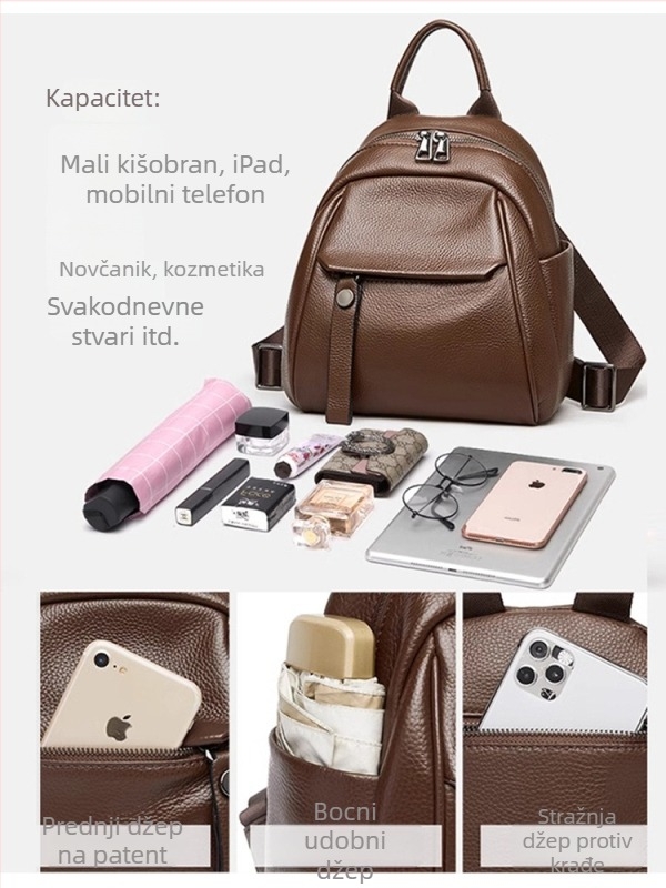 Ženski ruksak od prve slojevine teleće kože, prirodna koža, gradski minimalistički stil, zatvaranje na zip, unutarnje pretince (pretinac sa zipom za tajne stvari, pretinac za telefon, pretinac za ID)