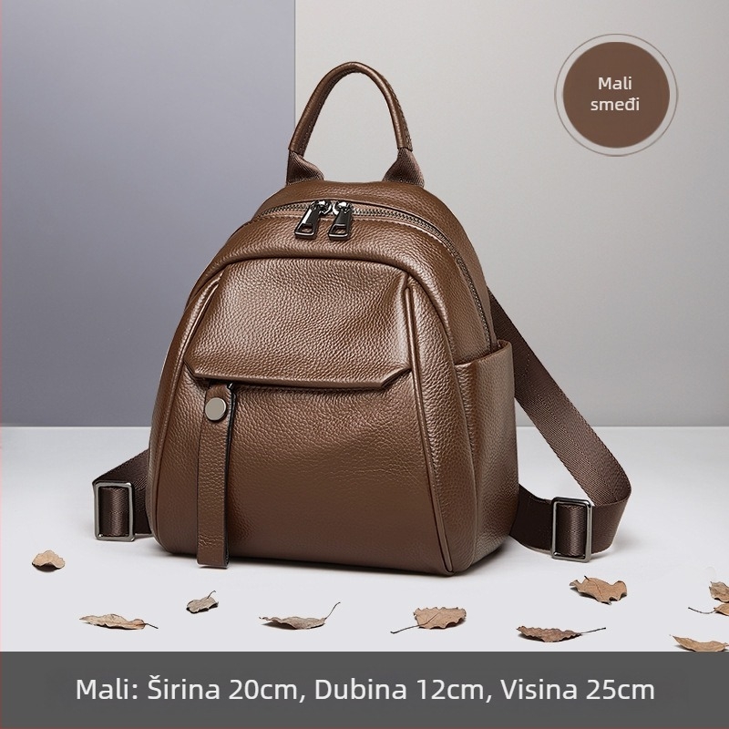 Ženski ruksak od prve slojevine teleće kože, prirodna koža, gradski minimalistički stil, zatvaranje na zip, unutarnje pretince (pretinac sa zipom za tajne stvari, pretinac za telefon, pretinac za ID)
