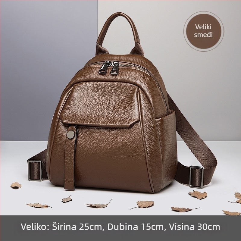 Ženski ruksak od prve slojevine teleće kože, prirodna koža, gradski minimalistički stil, zatvaranje na zip, unutarnje pretince (pretinac sa zipom za tajne stvari, pretinac za telefon, pretinac za ID)