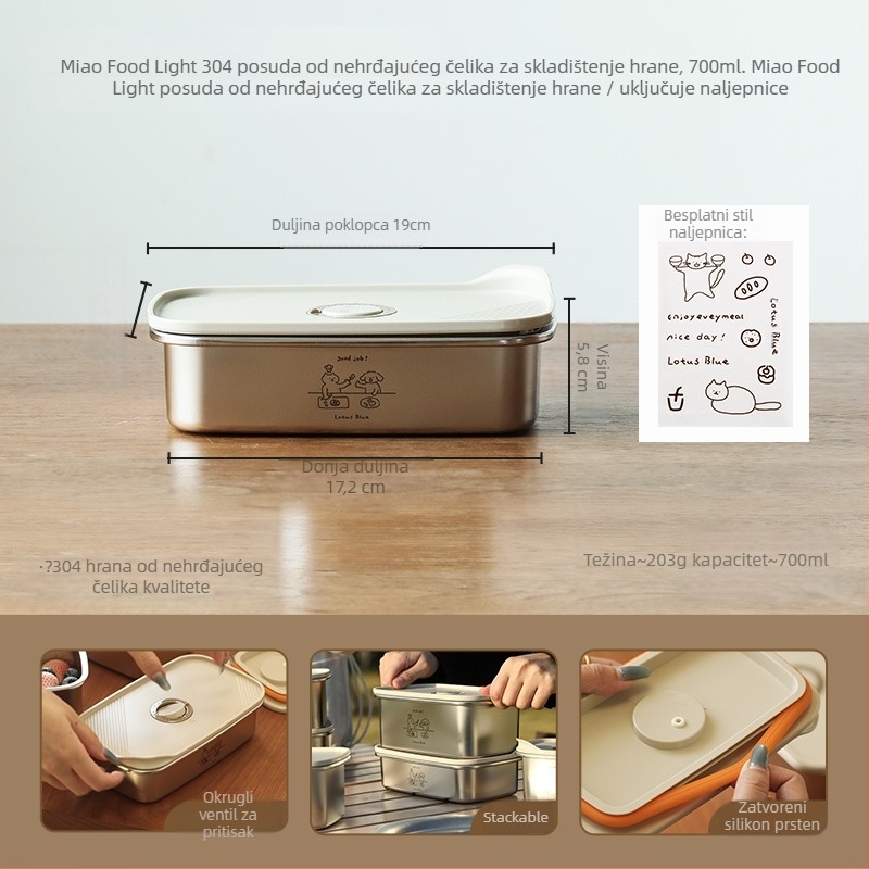 Kutija za ručak od nehrđajućeg čelika s poklopcem, okruglog oblika, zapečaćena za očuvanje svježine hrane, kapacitet 301–500 ml, nije pogodno za mikrovalnu pećnicu