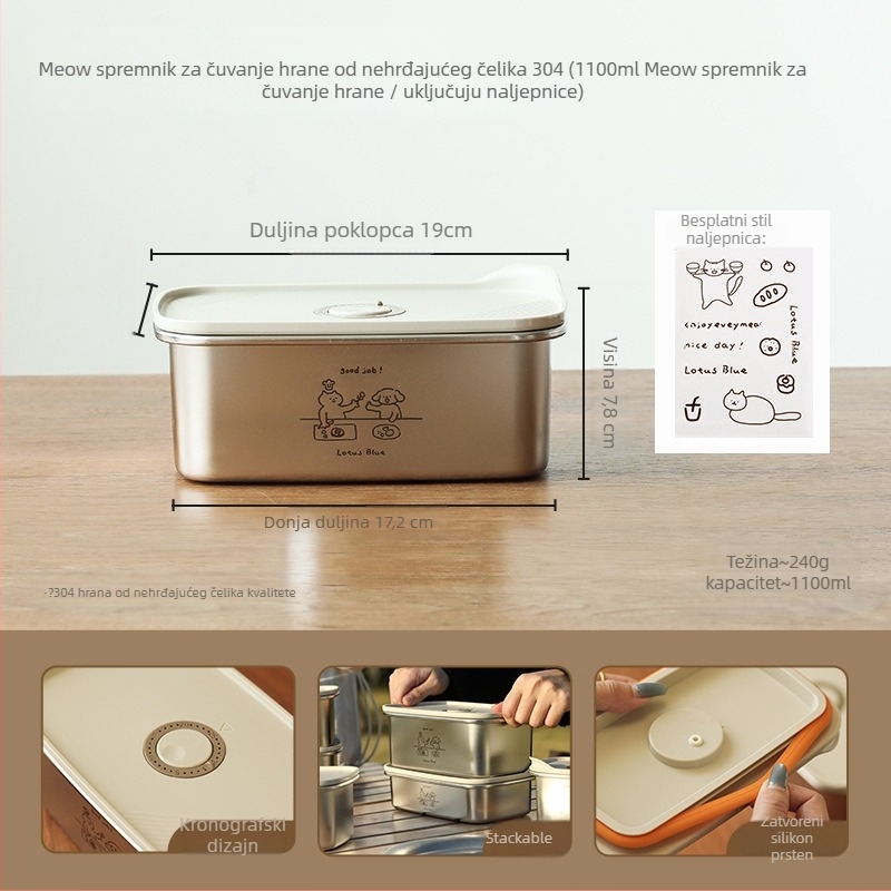 Kutija za ručak od nehrđajućeg čelika s poklopcem, okruglog oblika, zapečaćena za očuvanje svježine hrane, kapacitet 301–500 ml, nije pogodno za mikrovalnu pećnicu