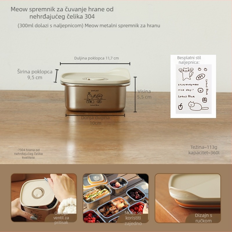 Kutija za ručak od nehrđajućeg čelika s poklopcem, okruglog oblika, zapečaćena za očuvanje svježine hrane, kapacitet 301–500 ml, nije pogodno za mikrovalnu pećnicu